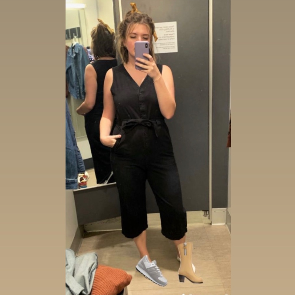 v neck midi length button up black jumpsuit | universal thread